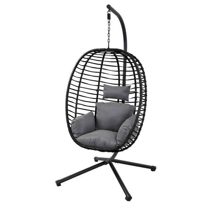 SVITA Belly Hängesessel aus Polyrattan in schwarz mit grauen Kissen und Kopfstütze