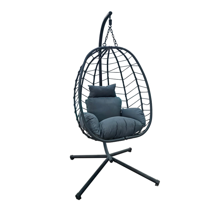 SVITA Shelly Hängesessel aus grauem Polyrattan mit gepolstertem Sitzkissen und Kopfstütze, freistehend auf Metallgestell