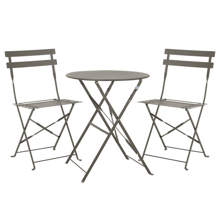 Kleines Metall-Bistro-Set mit rundem Tisch und zwei Klappstühlen in taupe