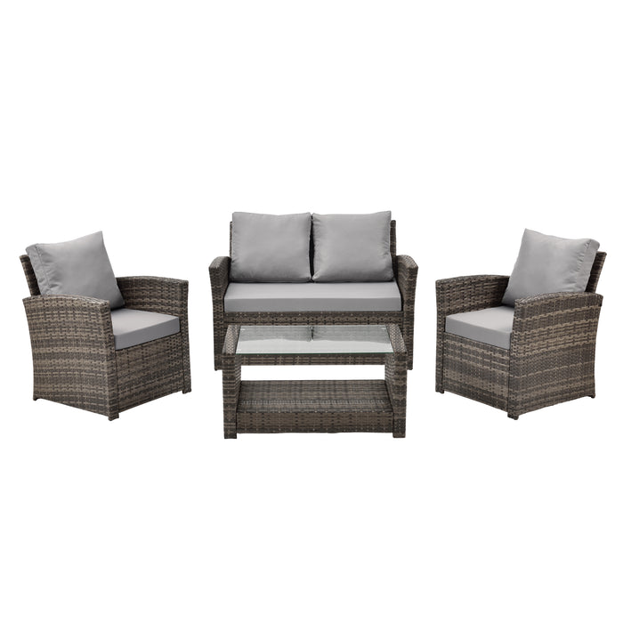 Gartenmöbel-Set aus braunem Polyrattan mit zwei Sesseln, einem Sofa und einem Glastisch mit Ablage