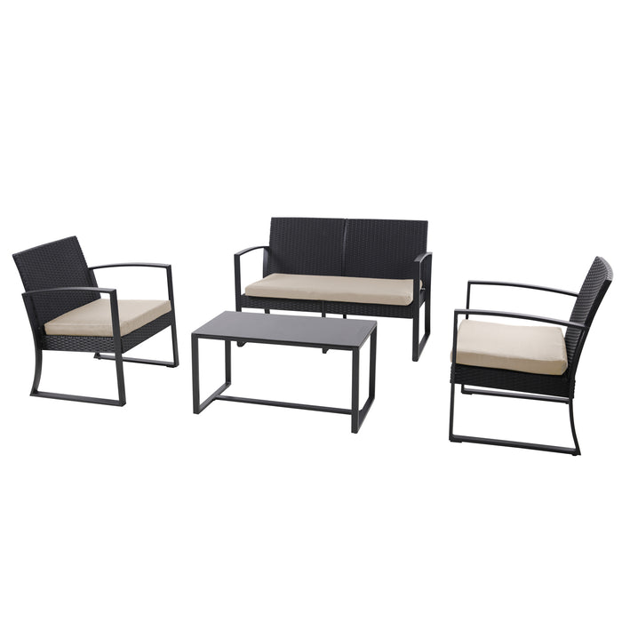 Schwarzes Gartenmöbel-Set mit zwei Sesseln, einer Bank und einem rechteckigen Tisch, alle mit hellen Sitzkissen
