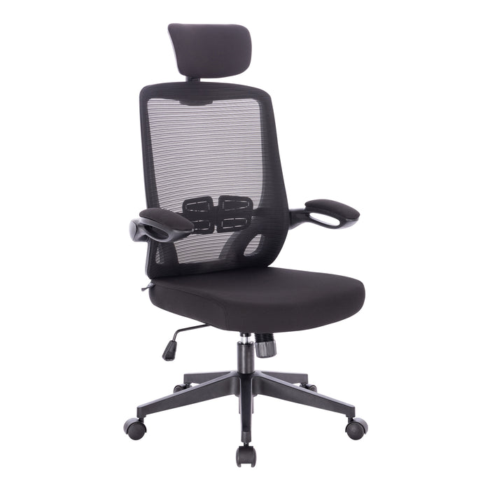 Schwarzer ergonomischer Bürostuhl mit Netzrückenlehne, verstellbarer Kopfstütze, Armlehnen und Rollen