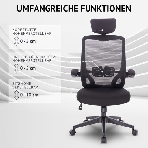 Schwarzer Bürostuhl mit verstellbarer Kopfstütze, unterer Rückenstütze und Sitzhöhe, alle höhenverstellbar von 0 bis 5 cm bzw. 0 bis 10 cm