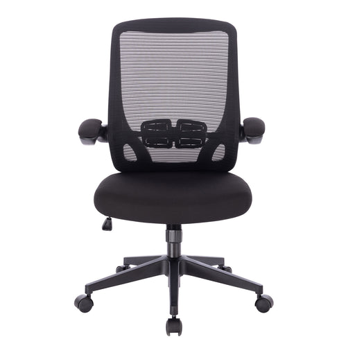 Schwarzer ergonomischer Bürostuhl mit Netzrückenlehne, gepolstertem Sitz, verstellbaren Armlehnen und Rollen frontal