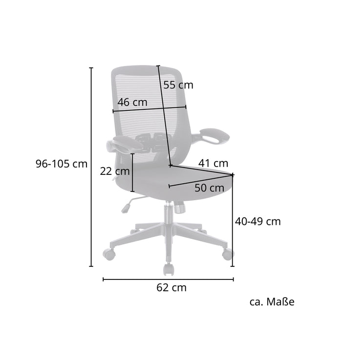 Bürostuhl mit Netzrückenlehne und Armlehnen, Maße: Höhe 96-105 cm, Sitzhöhe 40-49 cm, Sitzfläche 50x41 cm, Rückenlehne 55x46 cm, Breite 62 cm, Armlehnenhöhe 22 cm
