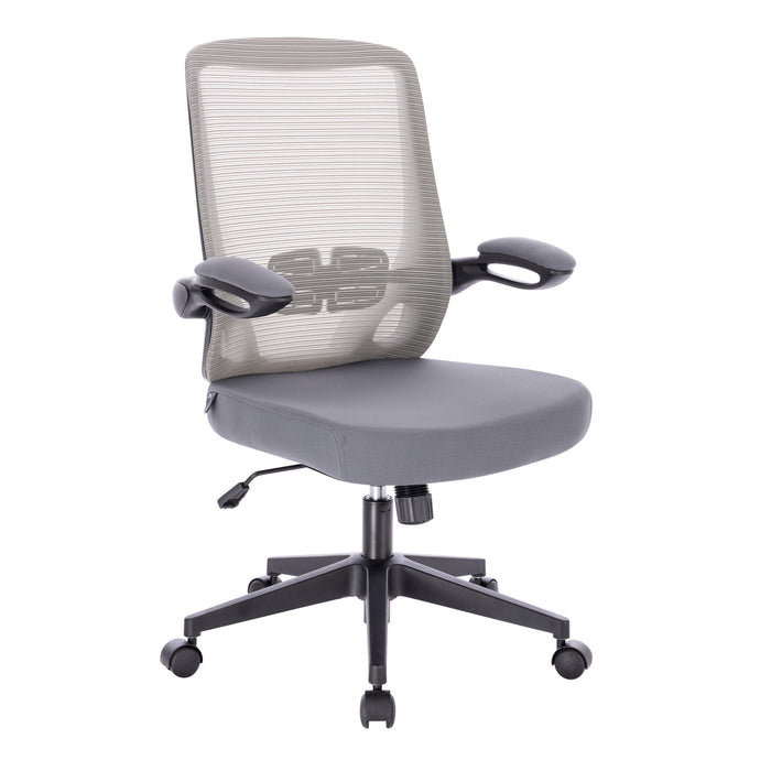 Grauer ergonomischer Bürostuhl mit Netzrückenlehne, gepolstertem Sitz, verstellbaren Armlehnen und Rollen