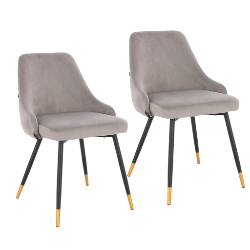 Zweier-Set graue Esszimmerstühle aus Samt mit schwarzen Metallbeinen und goldfarbenen Fußenden