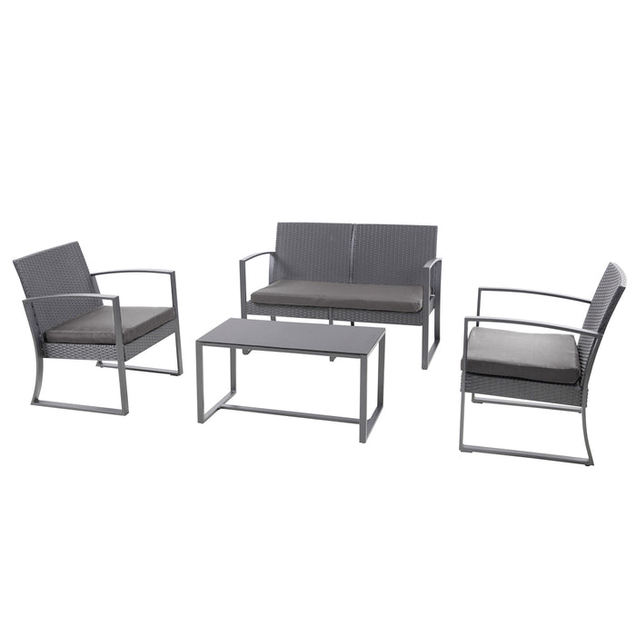 Graues Gartenmöbel-Set mit zwei Sesseln, einer Bank und einem rechteckigen Tisch aus Metall und Polsterkissen