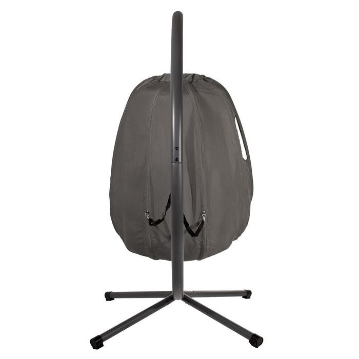 Grauer Hängesessel mit Metallgestell und vierbeiniger Basis, Ansicht von hinten