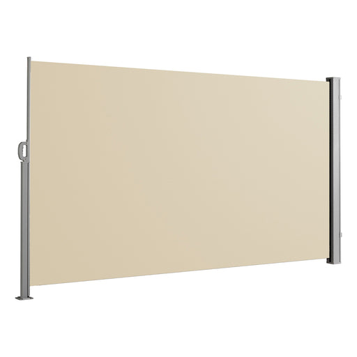 Beige seitlicher Sichtschutz mit grauen Metallpfosten und Handgriff