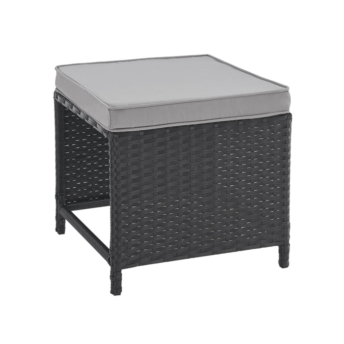 Rechteckige Garten-Hocker aus schwarzem Polyrattan mit grauem Polster