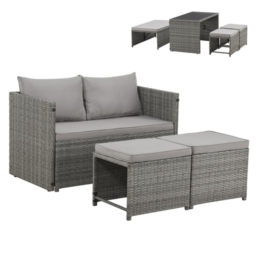 graues Rattan-Gartenmöbel-Set mit grauen Polstern, bestehend aus einem Sofa und zwei Hockern die Lehne des Sofas kann zu einem Tisch umgebaut werden