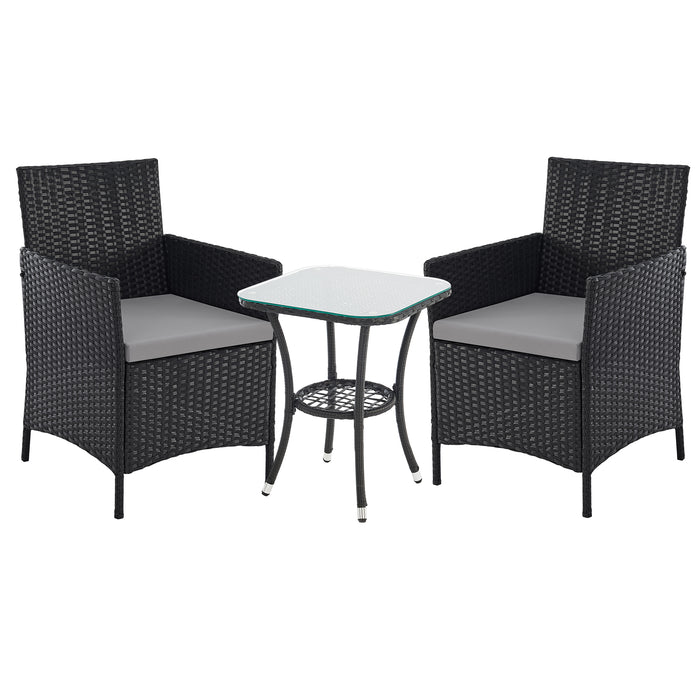 Schwarze Polyrattan Bistro Sitzgruppe mit zwei Sesseln und Beistelltisch