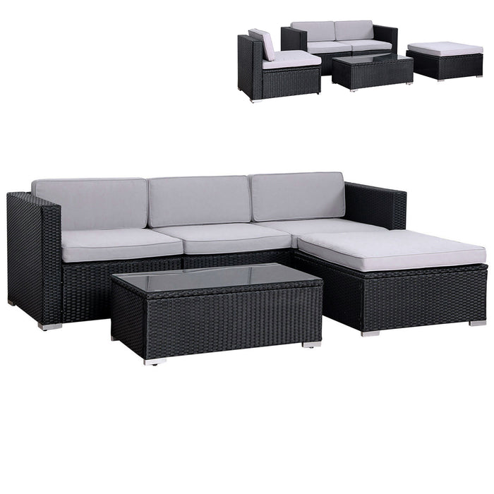 Schwarze Polyrattan Garten-Lounge mit grauen Polstern - verschiedene Stellmöglichkeiten