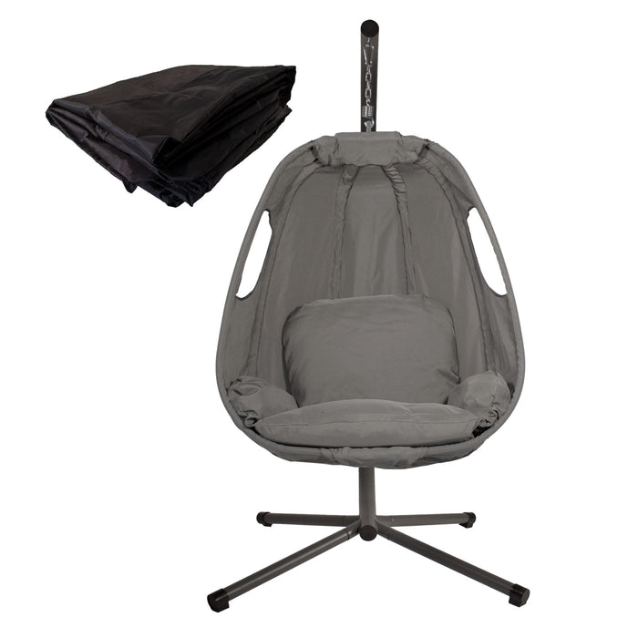 SVITA SNUGGY Hängesessel grau mit Metallgestell und Sitzpolstern daneben die zusammengefaltete Abdeckhaube