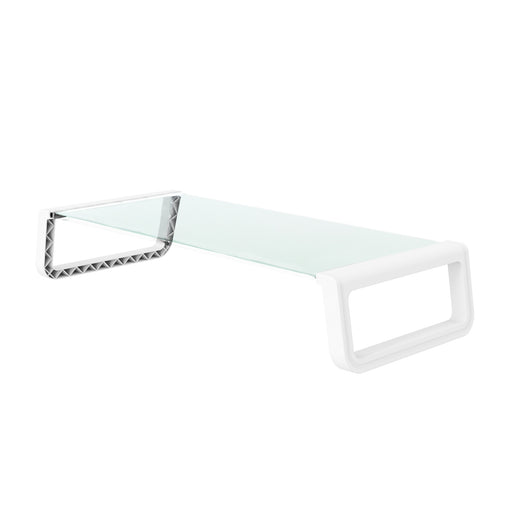 Weißer Schreibtischaufsatz für Monitor mit Glasplatte und Kunststoffgestell