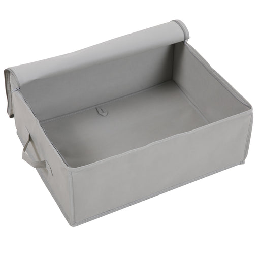 Hellgraue Stoffbox mit Reißverschlussdeckel und Griffen, rechteckig, offen