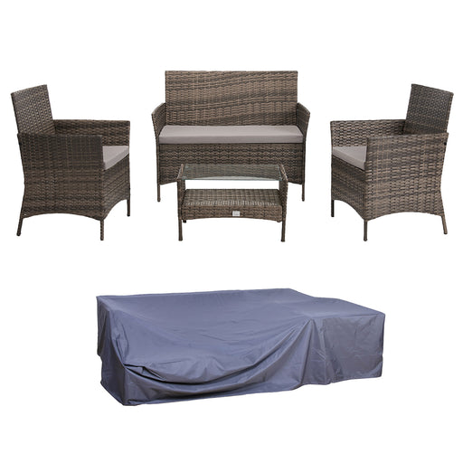 Braune Gartensitzgruppe aus Polyrattan mit 2-Sitzer Bank, zwei Sesseln und Beistelltisch mit passender Abdeckhaube