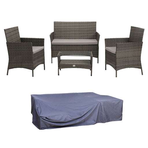 Graue Gartensitzgruppe aus Polyrattan mit 2-Sitzer Bank, zwei Sesseln und Beistelltisch mit passender Abdeckhaube