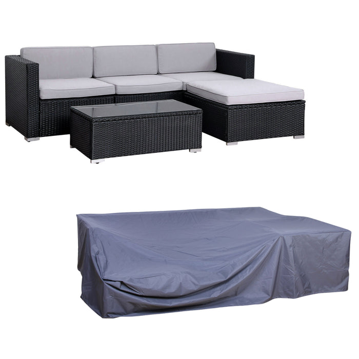 Schwarze Polyrattan Garten-Lounge mit grauen Polstern darunter die passende graue Abdeckhaube
