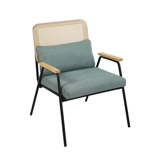 Grüner Loungestuhl mit Polyleinenbezug, Rattan-Rückenlehne und schwarzem Metallgestell mit Armlehnen aus Holz