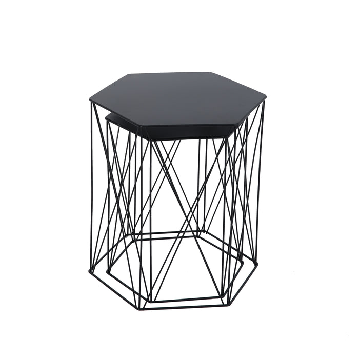 Schwarzes 2er-Set Beistelltische in unterschiedlicher Größe mit sechseckigen Tischplatten und filigranem Metallgestell ineinander gestellt