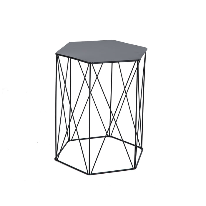 Schwarzer Beistelltisch mit sechseckiger Tischplatte und Drahtgestell in geometrischem Design