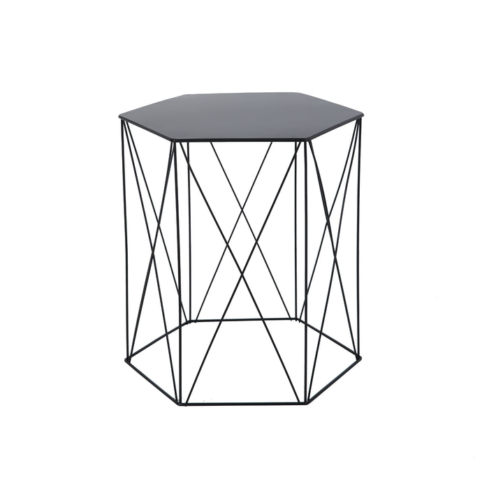 Schwarzer Beistelltisch mit sechseckiger Tischplatte und Drahtgestell in geometrischem Design Frontalansicht