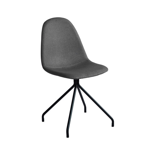 Moderner Stuhl mit dunkelgrau gepolsterter Sitzfläche und Rückenlehne, schwarzes Metallgestell mit vier Beinen