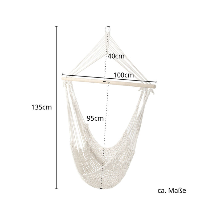 Maße Hängesessel in Netzoptik: Höhe 135 cm, Breite 100 cm, Sitzhöhe 95 cm, obere Seillänge 40 cm