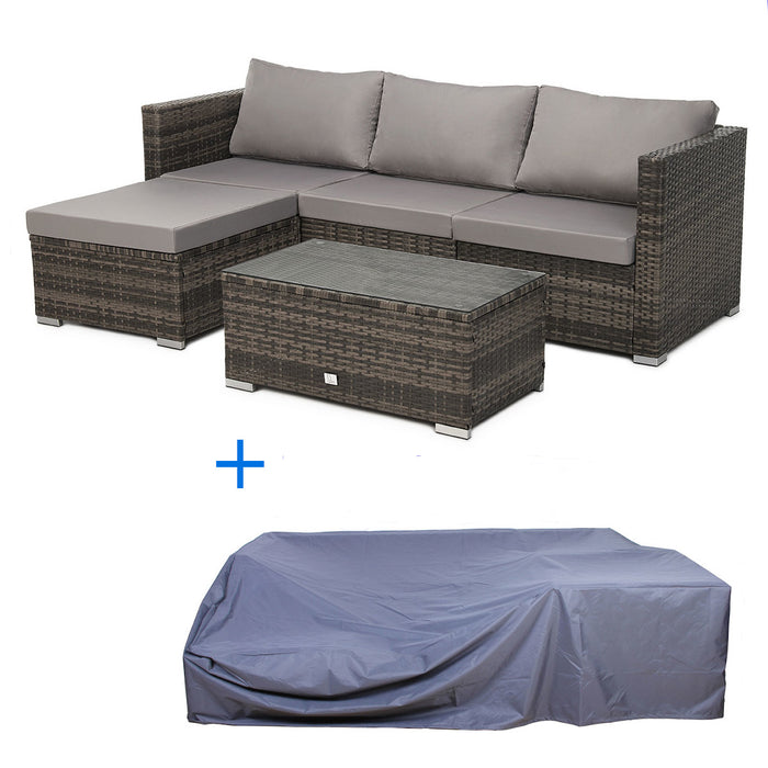 Gartenmöbel braune Rattan-Lounge mit Sofa, Tisch und Recamiere darunter die passende Abdeckhaube