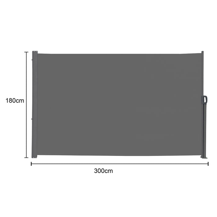 Dunkelgraue rechteckige Markise mit den Maßen 300 cm Breite und 180 cm Höhe, mit grauen Halterungen an den Seiten