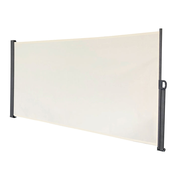 Ausziehbare Seitenmarkise in Beige mit schwarzem Metallgestell zur Wind- und Sichtschutznutzung