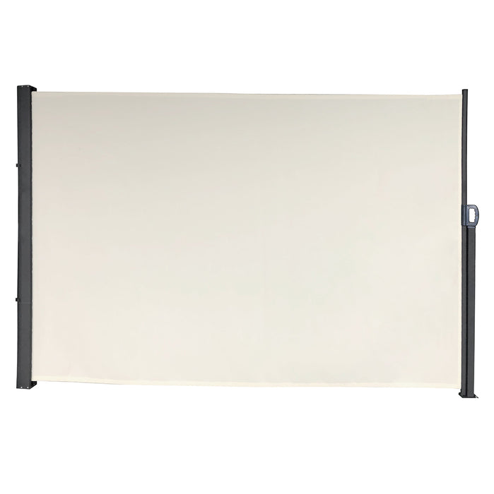 Ausziehbare Seitenmarkise in Beige mit schwarzem Rahmen und Griff an der linken Seite