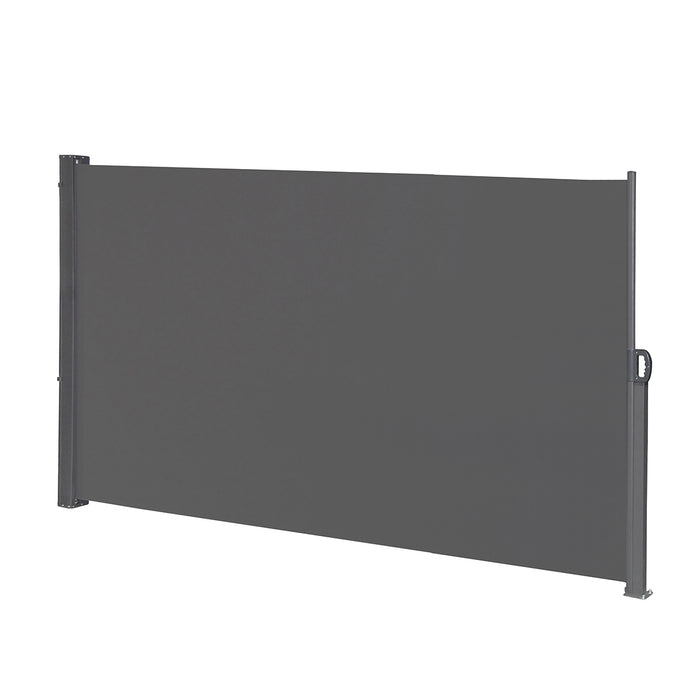 Ausziehbare Seitenmarkise in Dunkelgrau mit schwarzem Metallgestell zur Wind- und Sichtschutznutzung