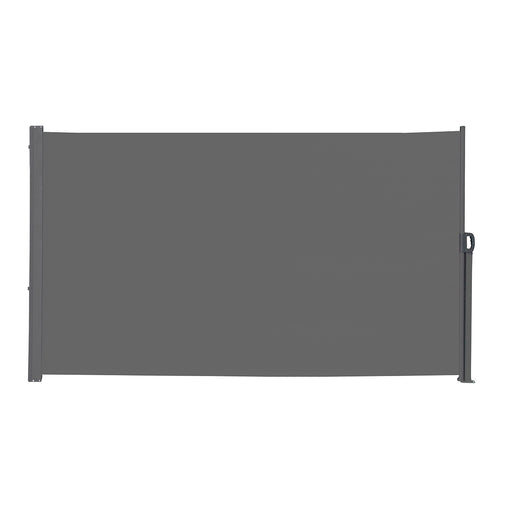 Ausziehbare Seitenmarkise in Dunkelgrau mit schwarzem Rahmen und Griff an der linken Seite