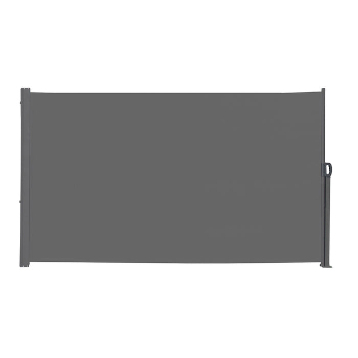 Ausziehbare Seitenmarkise in Dunkelgrau mit schwarzem Rahmen und Griff an der linken Seite