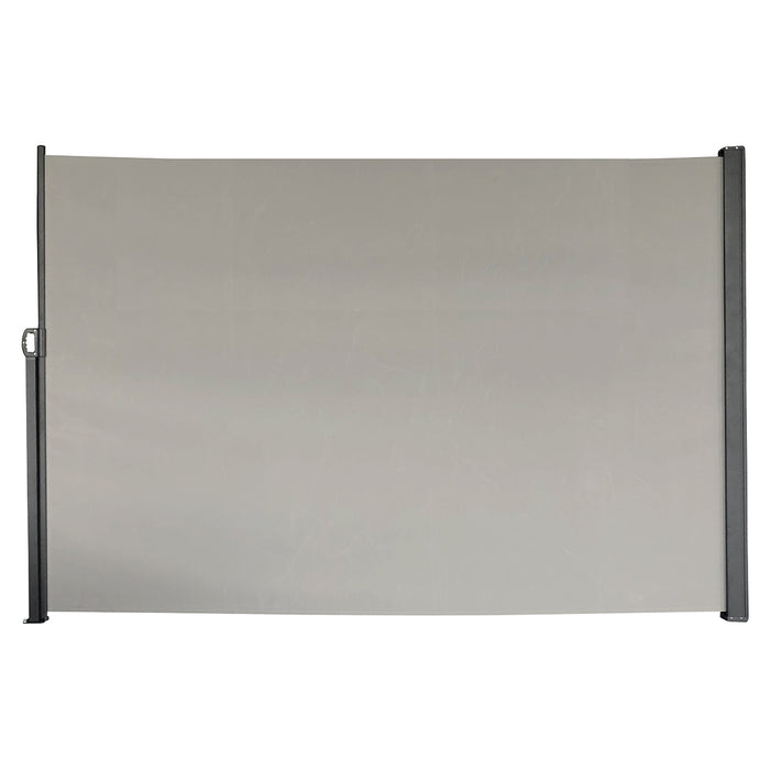 Ausziehbare Seitenmarkise in Grau mit schwarzem Rahmen und Griff an der linken Seite