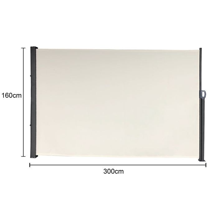 Beige rechteckige Markise mit den Maßen 300 cm Breite und 160 cm Höhe, mit grauen Halterungen an den Seiten