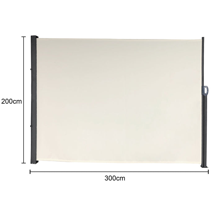 Beige rechteckige Markise mit den Maßen 300 cm Breite und 200 cm Höhe, mit grauen Halterungen an den Seiten