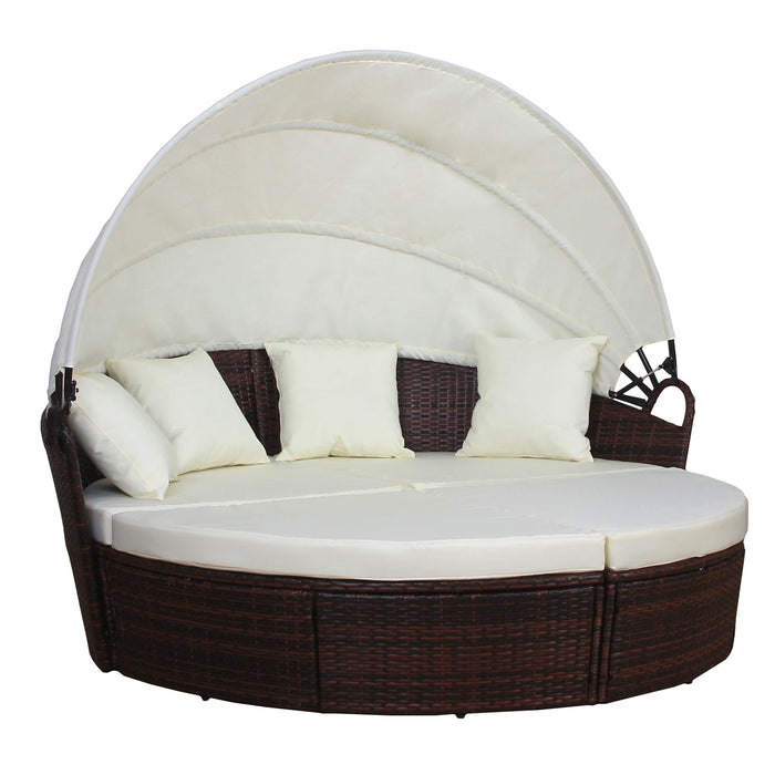 SVITA Savannah Sonneninsel mit braunem Polyrattan, rundem Design, verstellbarem Sonnendach und grauen Kissen