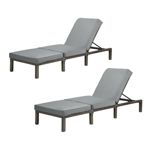 Zweierset Graue Polyrattan Gartenliegen mit grauer Polsterauflage und verstellbarer Rückenlehne