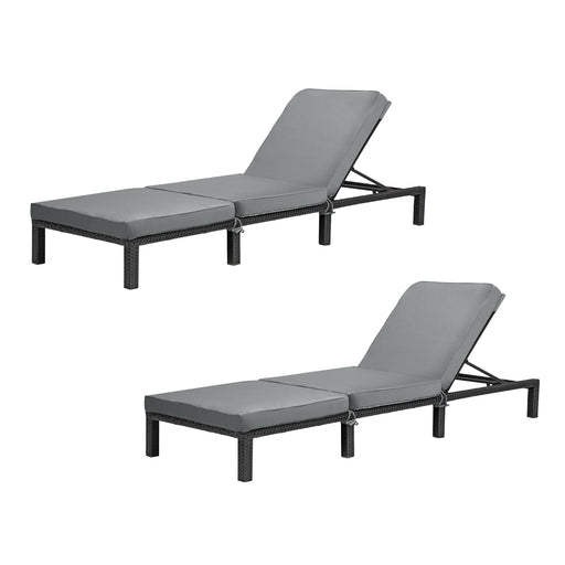 Zweierset schwarze Polyrattan Gartenliegen mit grauer Polsterauflage und verstellbarer Rückenlehne