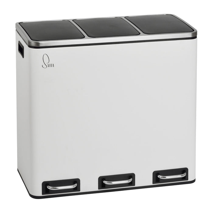 SVITA TM2X30L weißes 3-fach Mülltrennsystem aus Stahl mit drei Fußpedalen und schwarzen Deckeln