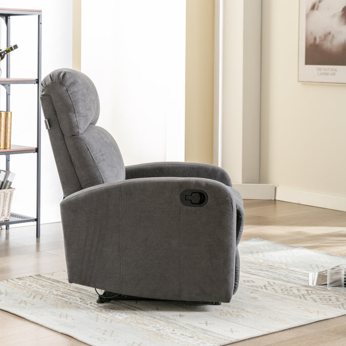 Grauer Relaxsessel mit verstellbarer Rückenlehne und Fußstütze in einem hellen Wohnzimmer auf einem hellen Teppich