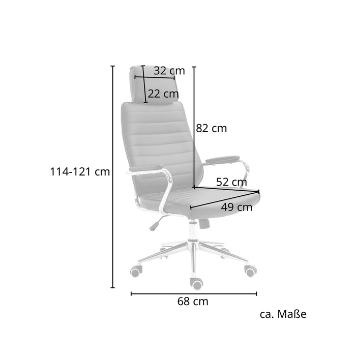 Schwarzer Bürostuhl mit verstellbarer Höhe von 114 bis 121 cm, Rückenlehne insgesamt 82 cm hoch, Kopfstütze 32 cm breit und 22 cm hoch, Sitzfläche 49 cm breit und 52 cm tief, Breite Basis 68 cm