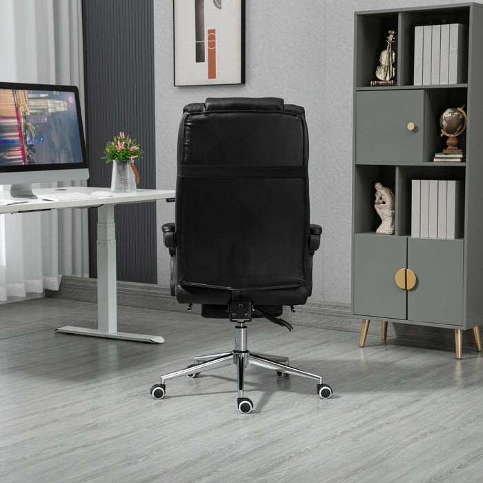 Schwarzer Chefsessel in modernem Büro mit weißem Schreibtisch, Computer und grauem Regal Ansicht von hinten