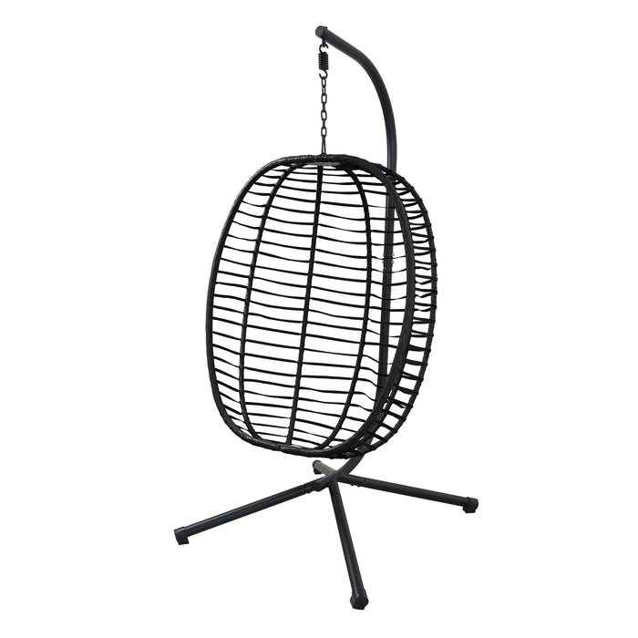 Seitliche Ansicht des schwarzen SVITA Belly Hängesessel aus Polyrattan mit Metallgestell und Kettenaufhängung