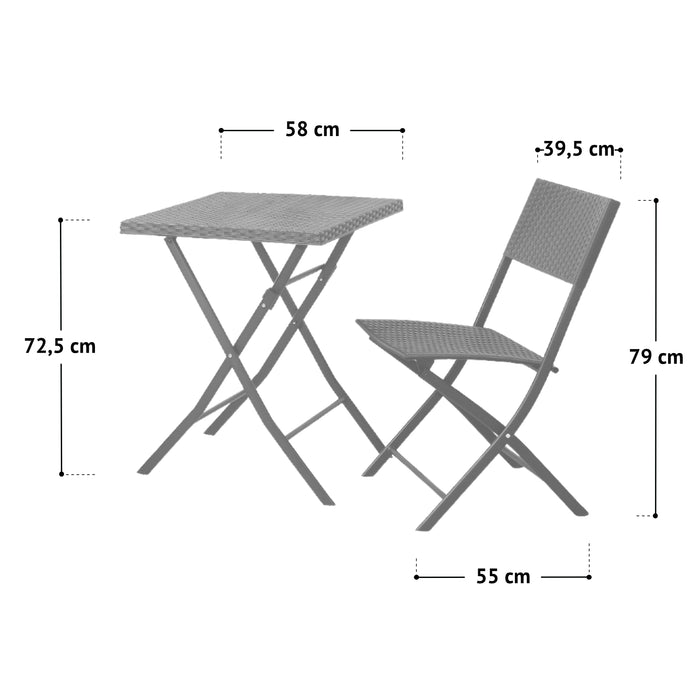 Klappbarer Gartentisch und Stuhl aus Metall mit Maßen: Tisch 58 x 72,5 cm, Stuhl 39,5 x 79 x 55 cm