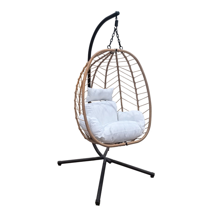 SVITA Shelly Hängesessel mit Naturoptik aus Polyrattan mit weißem Kissen und schwarzem Metallgestell